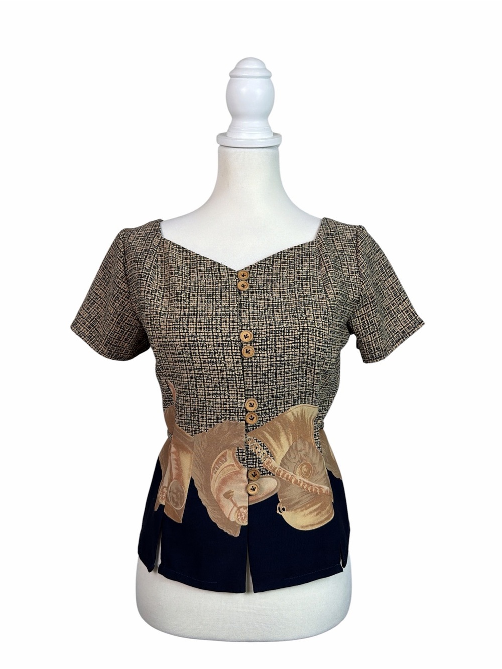 Episode Vintage Abstract Print Tie Back Blouse Top Neutral Button Front